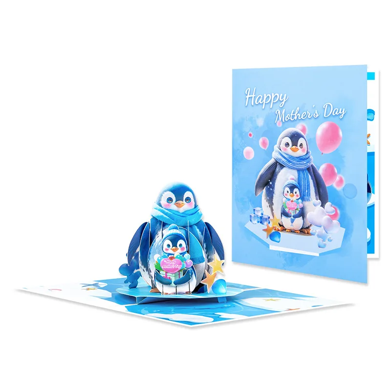 

2pcs New Mother's Day Card 3D Stereoscopic Penguin Elephant Handmade Folding Card Gift for Mom Blank Note Card with Envelope