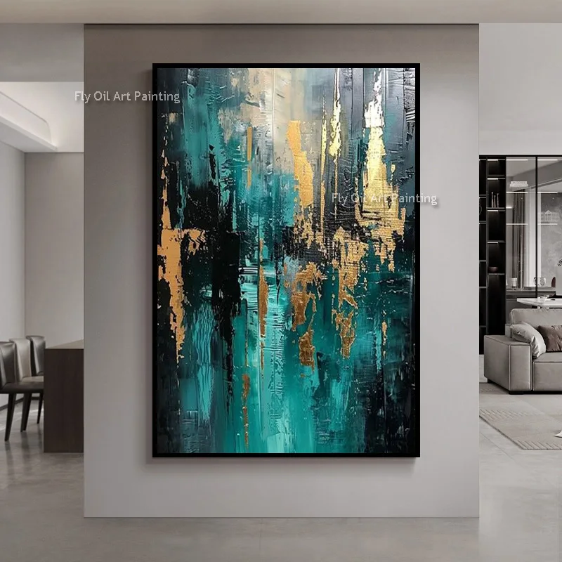 Hand Painted Teal Gold Abstract Oil Painting, Palette Knife Thick Textured Canvas Art, Luxury Vertical Entryway Wall Decor