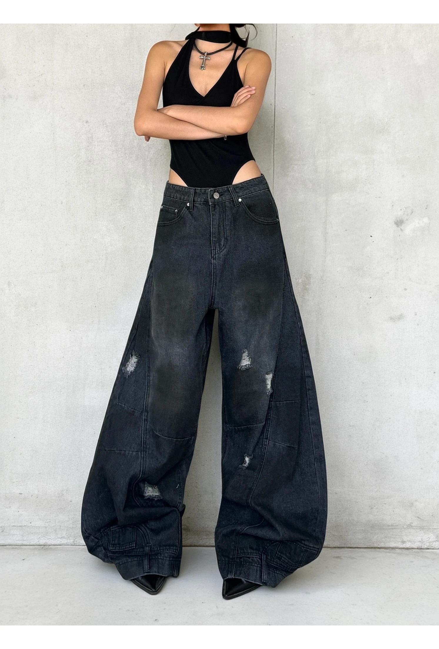 شيك موضة المرأة الجينز خمر الرجعية الحبر القذر عالية الخصر عادية واسعة الساق الدنيم السراويل ثقوب تصميم الإناث العصرية Harajuku