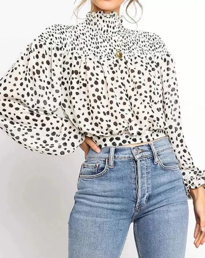 

T-Shirt 2024 Hot Selling Fashion Leopard Print High Collar Lantern Long Sleeved Lace Up Detail Shirt Loose Women Exposed Navel