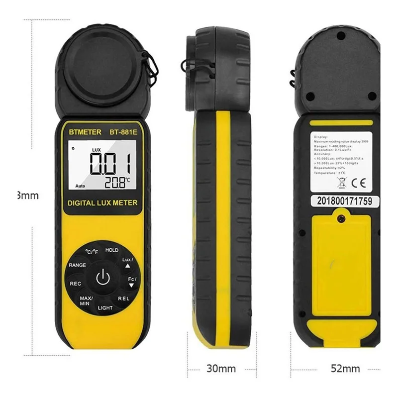 Medidor de lujo digital portátil A74E-BT-881E, pantalla LCD, herramienta de medición de luz para intensidad de 1 - 300,000Lux