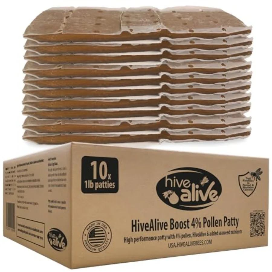 Pollen Patty para Abejas de Miel, 10 lb (10x1 lb), Alimento para Abejas para la Primavera con 4% de Polen Real de EE. UU., Algas Marinas y Aminoácidos