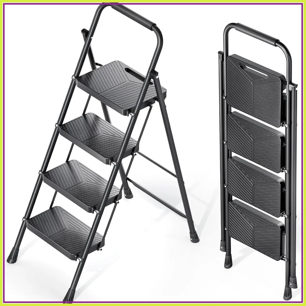 

4 Step Folding Ladder, 500 lbs Heavy Duty Steel Step Stool with Anti-Slip Pedal & Handrail for Home Kitchen