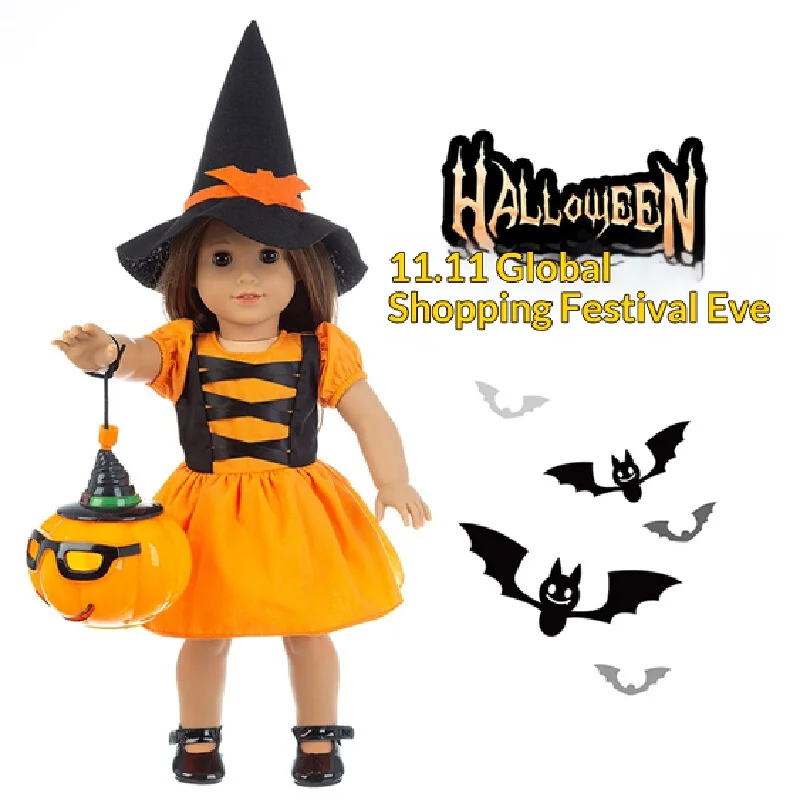 

Одежда для кукол на Хэллоуин, одежда для американских кукол 18 дюймов, одежда для кукол Shav + набор с тыквенными фонариками.