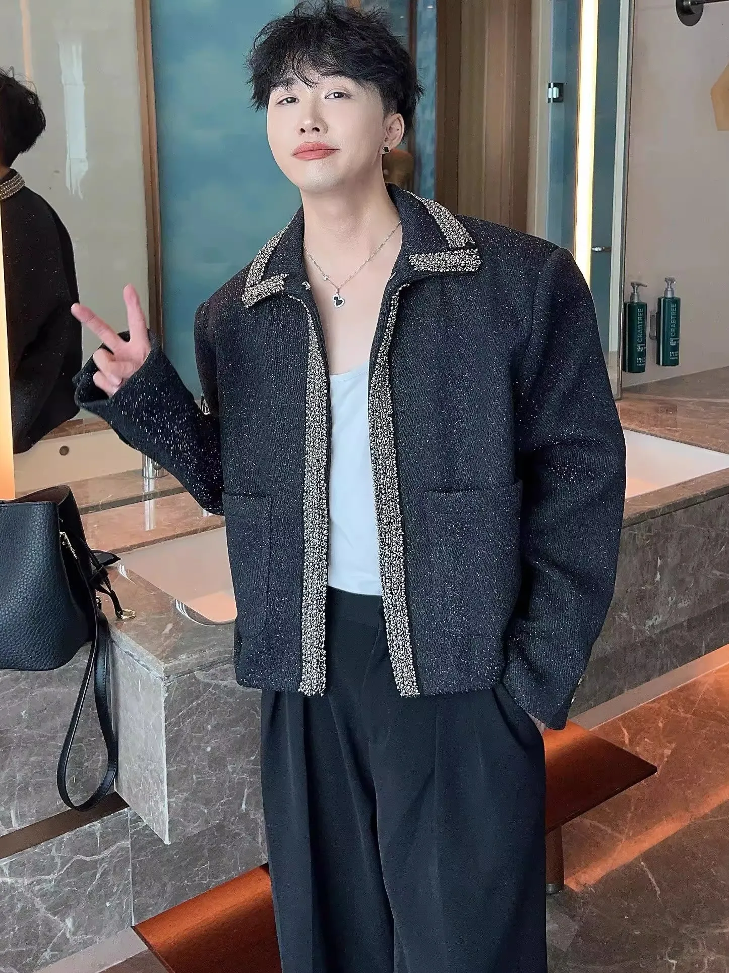 

Cleanfit American Street Sle Casual Wide ort Jaet Men's Spring Autumn Flip Collar Leisure Faion Outerwear Coat