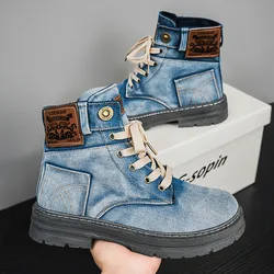 Retro Denim Boots Men Blue Platform Men's Tooling Boots Lace-up Western Basic Boots Men High Top Working Shoes Men Outdoor Boots