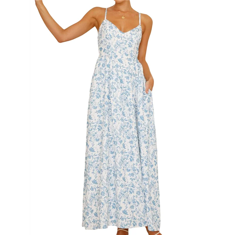 NUOVO-Abito lungo estivo da donna 2025 Abito lungo da spiaggia Boho smock floreale senza maniche