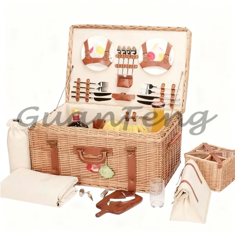 Outdoor Willow Picnic Basket with Cutlery & Picnic Mat, Complete Picnic Set for Camping Garden Party