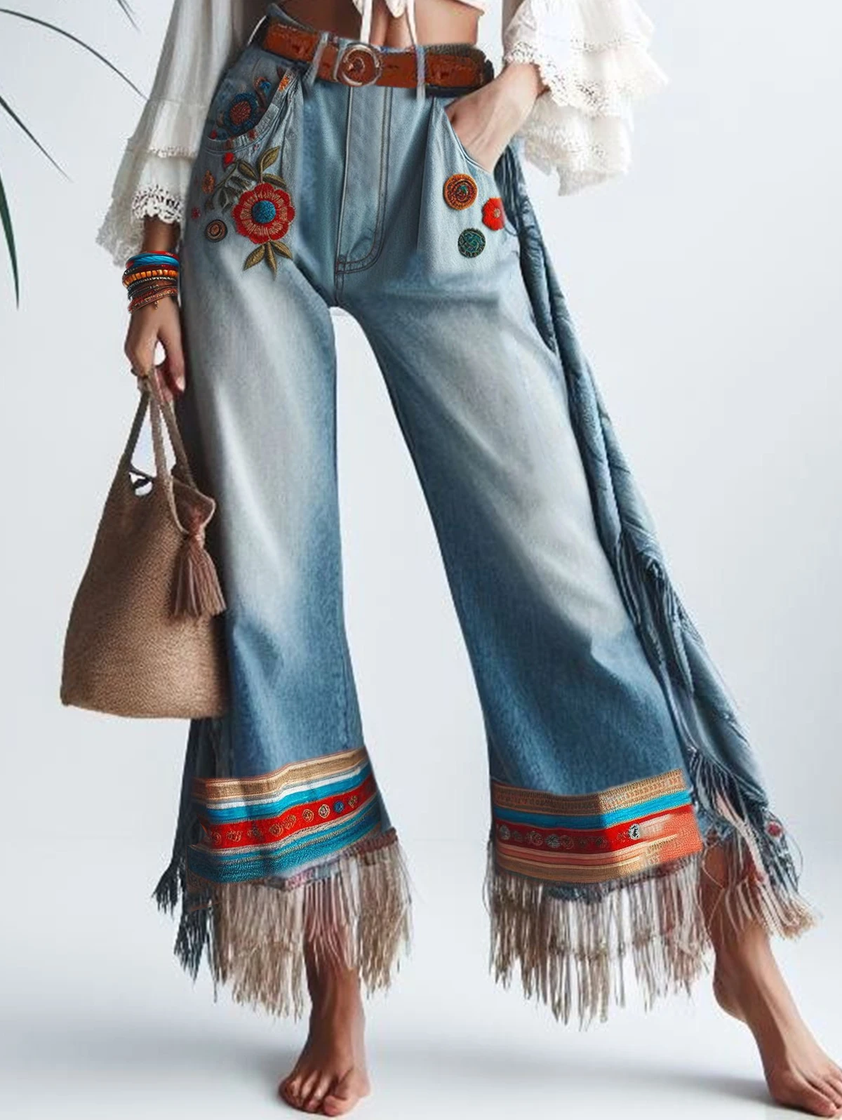 

Women Tassel Jeans Pockets Floral Embroidery Patchwork Denim Straight Leg Jeans Ethnic Casual Vintage High Waist Denim Trousers