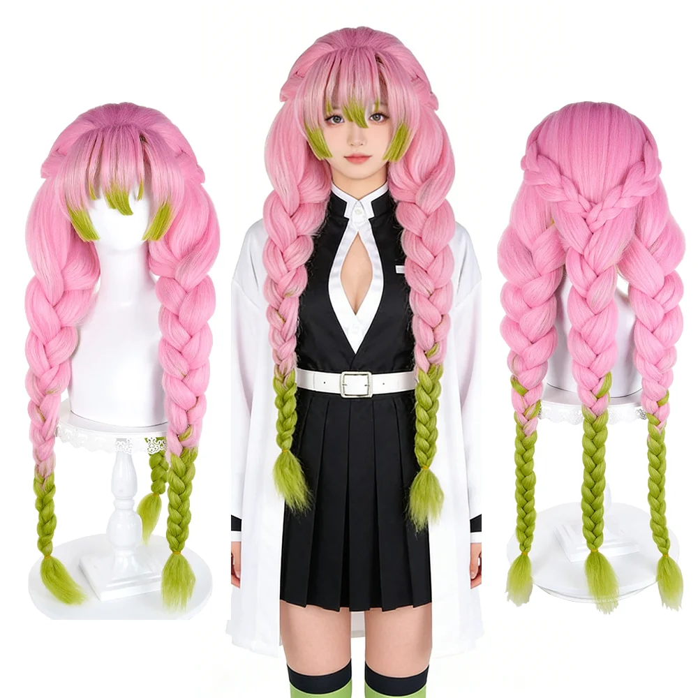 

Парик для косплея Канроджи Мицури, градиентный розово-зеленый, с 3-прядными косами, синтетические волосы в стиле аниме для Хэллоуина, Комик-Кона, вечеринок