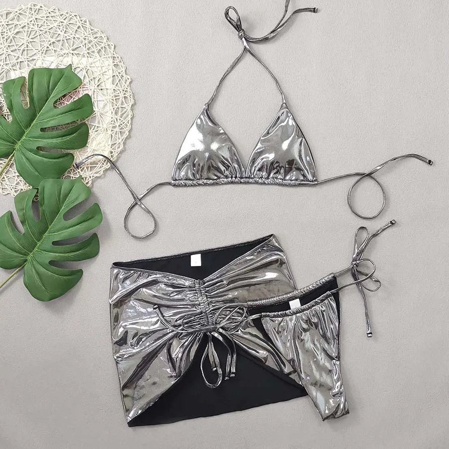 Gold Shiny Halter String Thong Micro Bikinis Sets Sexy Swimsuits Cover Ups Women Holiday Swimwear Bather Beach Wear Bikini 2025