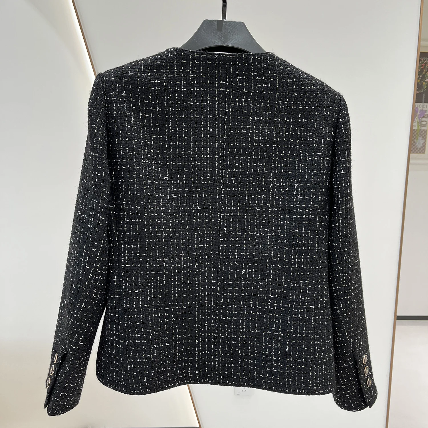 Manteau en tweed à carreaux noir chic pour femme, mélange de laine, poches, haute qualité, automne, 2023, F304