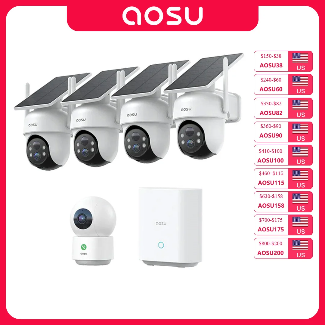AOSU Bundle Sale 3MP 4-Cam Kit Solar Camera System and 4MP Indoor Camera 360° Auto Motion Track Wireless Outdoor Camera Set