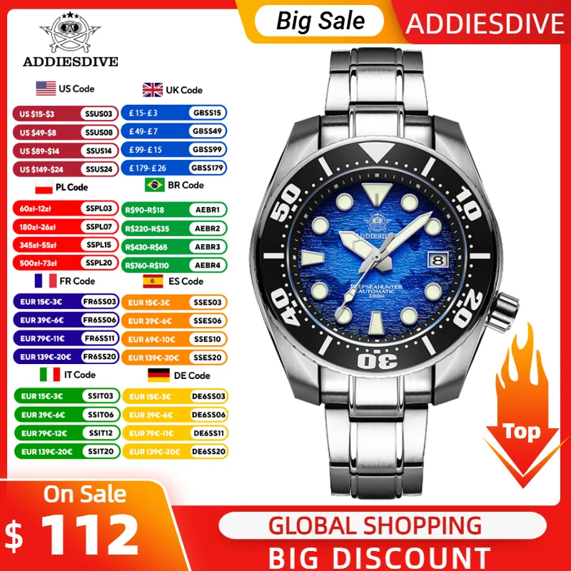 

ADDIESDIVE Fashion NH35 Automatic Machinery Watches Luminous 200m Waterproof Wristwatch 316L stainless steel diving Men's Watch