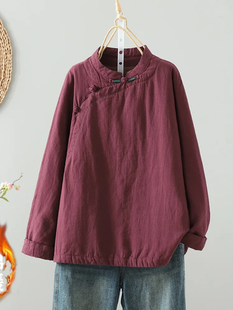 

Retro Cotton Linen Jaet with Button Stand Collar Thiened Winter Outerwear for Middle-Aged And ly Women Large Size