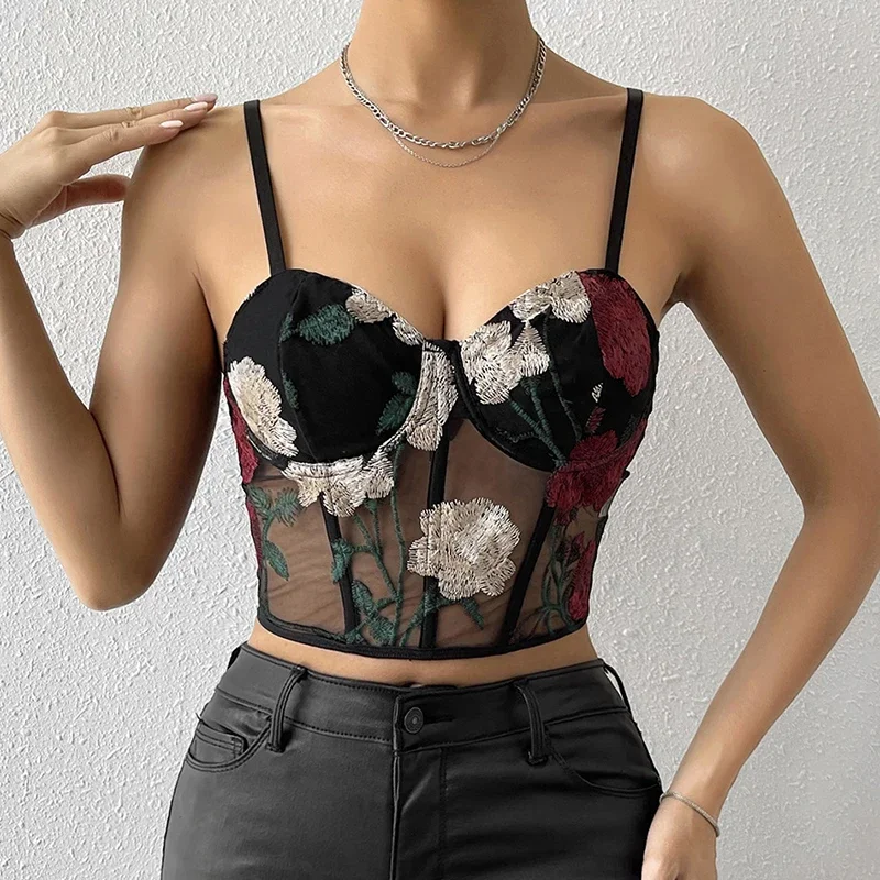 

Zik Women Mesh Hollow Out Sexy Crop Tops Flower Embroidery Sweet Tank Top Spaghetti Camis Streetwear Tube Top Spring Summer