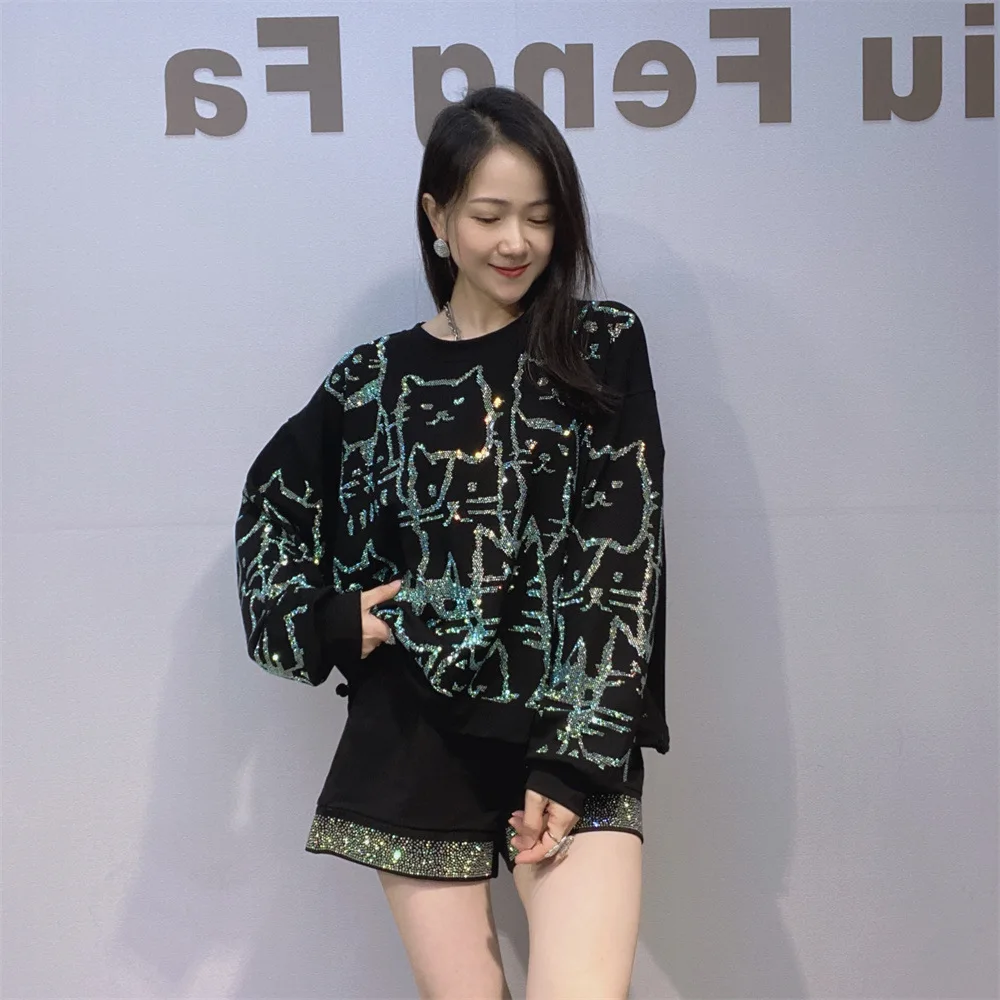 Trendy Brand Long Sleeve Top Women Rhinestone Short Sweatshirt Round Neck Autumn New Fashion Versatile Loose Sports Shirt
