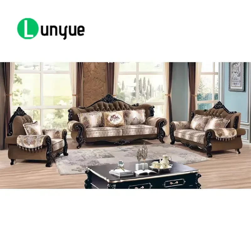 European Classic Fabric Wooden Sofa High Quality Soft Armrest Large Luxury Living Room Furniture Set Sofa