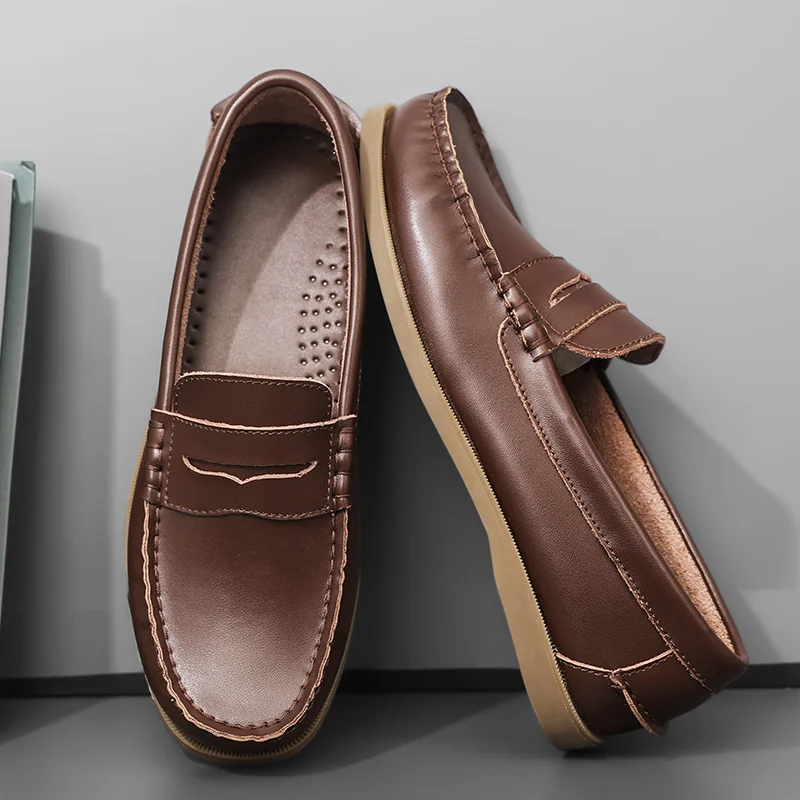 Men's Genuine Leather Loafers Casual Moccasins Comfortable Breathable Slip-on Driving Boat Shoes Plus Size 38-45