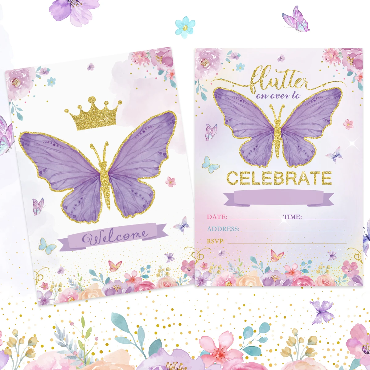 

Butterfly Party Invitation Card Crown Butterfly Themed Invitation for Girls Gender Reveal Birthday Baby Shower Party Supplies