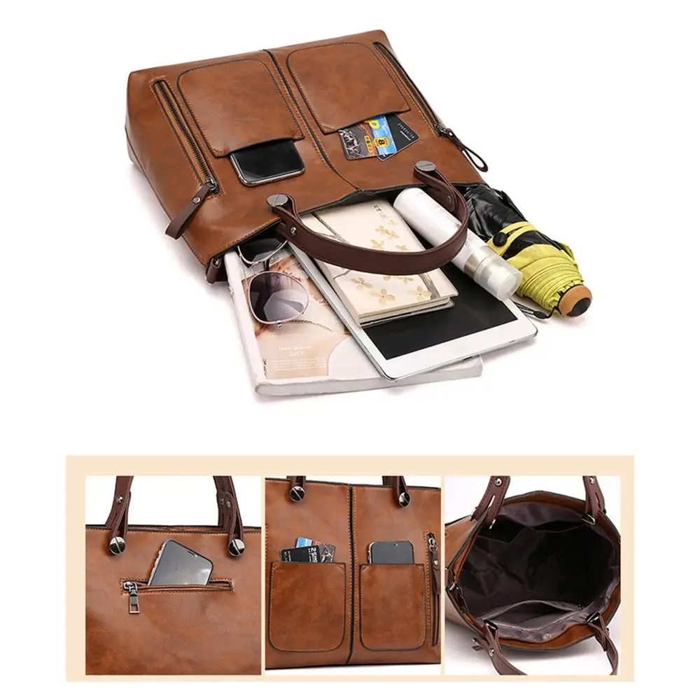 PU Leather Multi-Pocket Vintage Tote Bag Large Capacity Shoulder Bag Adjustable Shoulder Strap Multifunction Shopping Bag