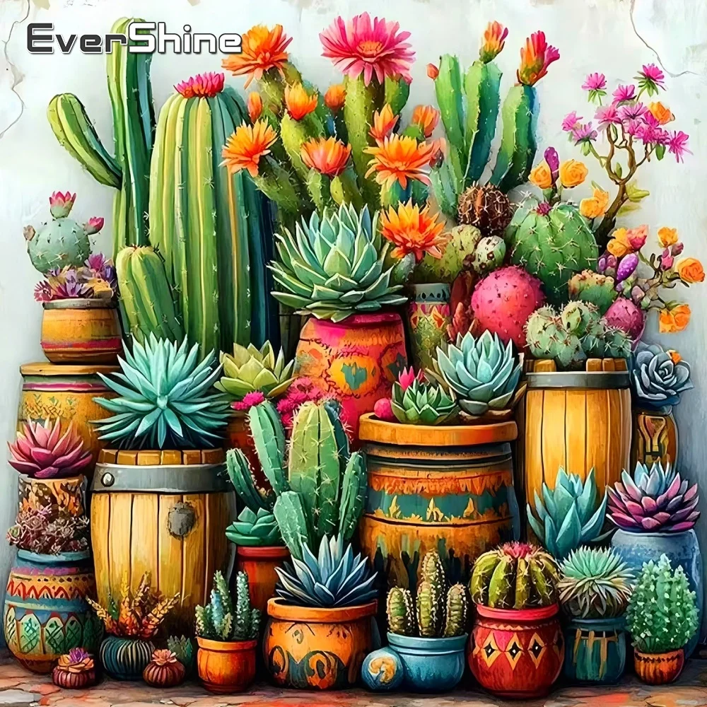 Evershine Diamant-Stickerei Kaktus DIY Strass-Gemälde Topfpflanzen-Blumenmuster Vollquadratisch Rund Kreuzstich Mosaik Handgemachtes Geschenk