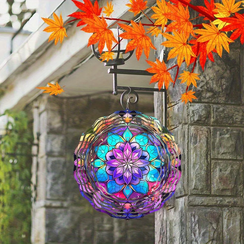3D Metal Mandala Sun Catcher Wind Chime - 10 Inch Colorful Glass Garden Decor for Patio Balcony Christmas Halloween Gift