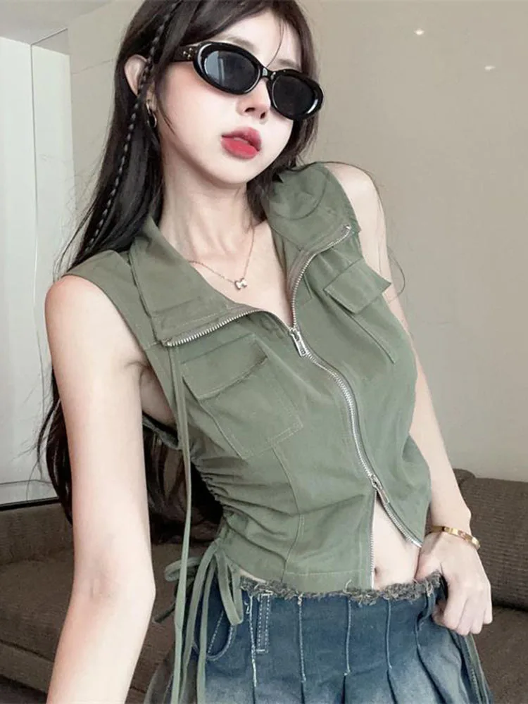 Zoki Vintage American Cargo Tanks Women Streetwear Sexy Cropped Slim Tees Summer Sleeveless Harajuku Hip Hop Double Zipper Tanks