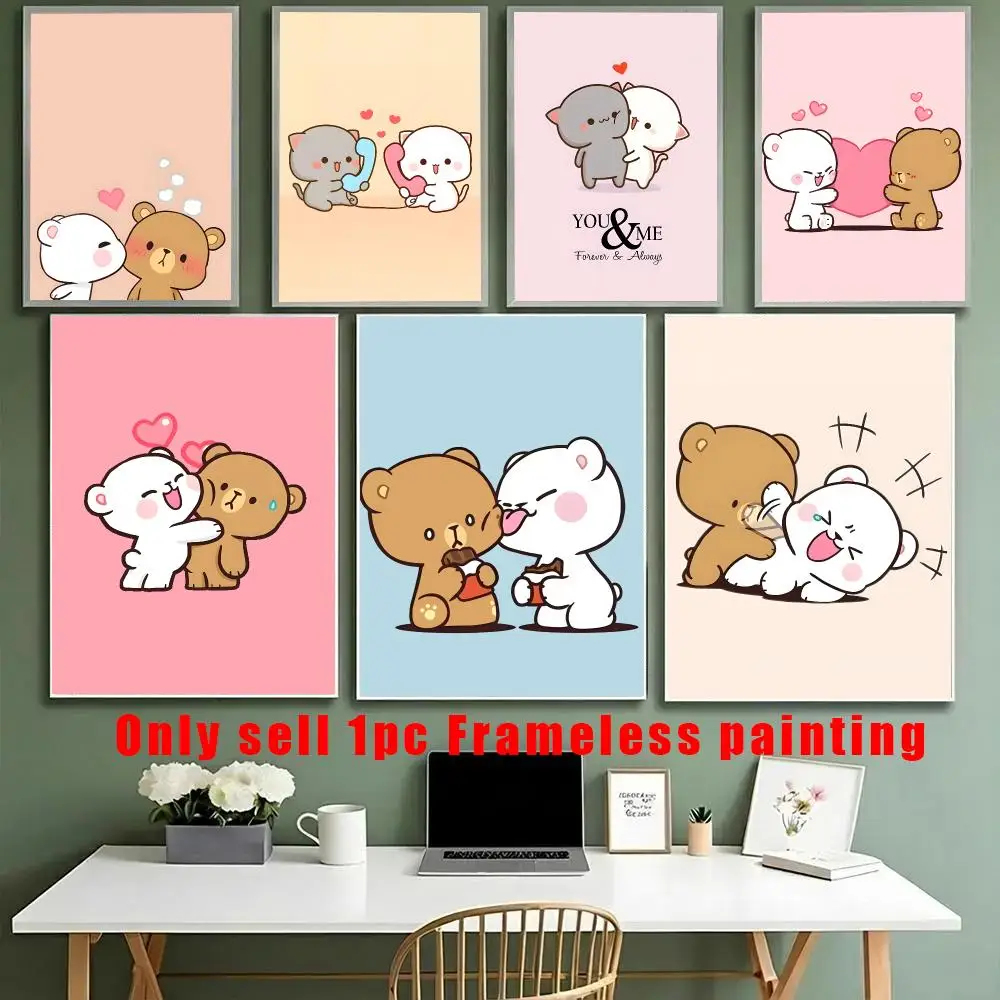 Cute Couple M-Milk And Mocha Bear Poster HD Sticky Waterproof Art , Aesthetic Wall Decoration For Living Room Bedroom Bar Home