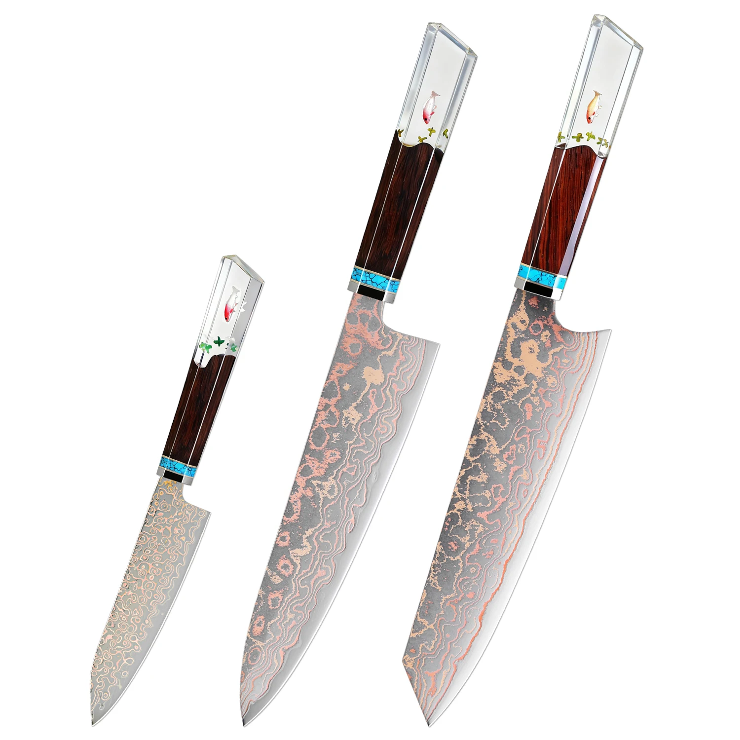 XITUO Premium Kupfer-Damaszener Küchenmesser 1-3 Stück, Regenbogen-Kupfer-Damaszener-Stahl Japanische Kochmesser, Exquisiter Achteckiger Griff