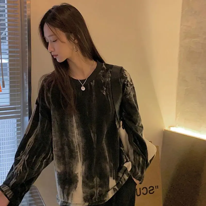 Fall Tie Dye Print Women O Neck Long Sleeve T Shirts Korean Fashion Highstreet Harajuku 2xl Oversized Clothing Tops Black Unisex