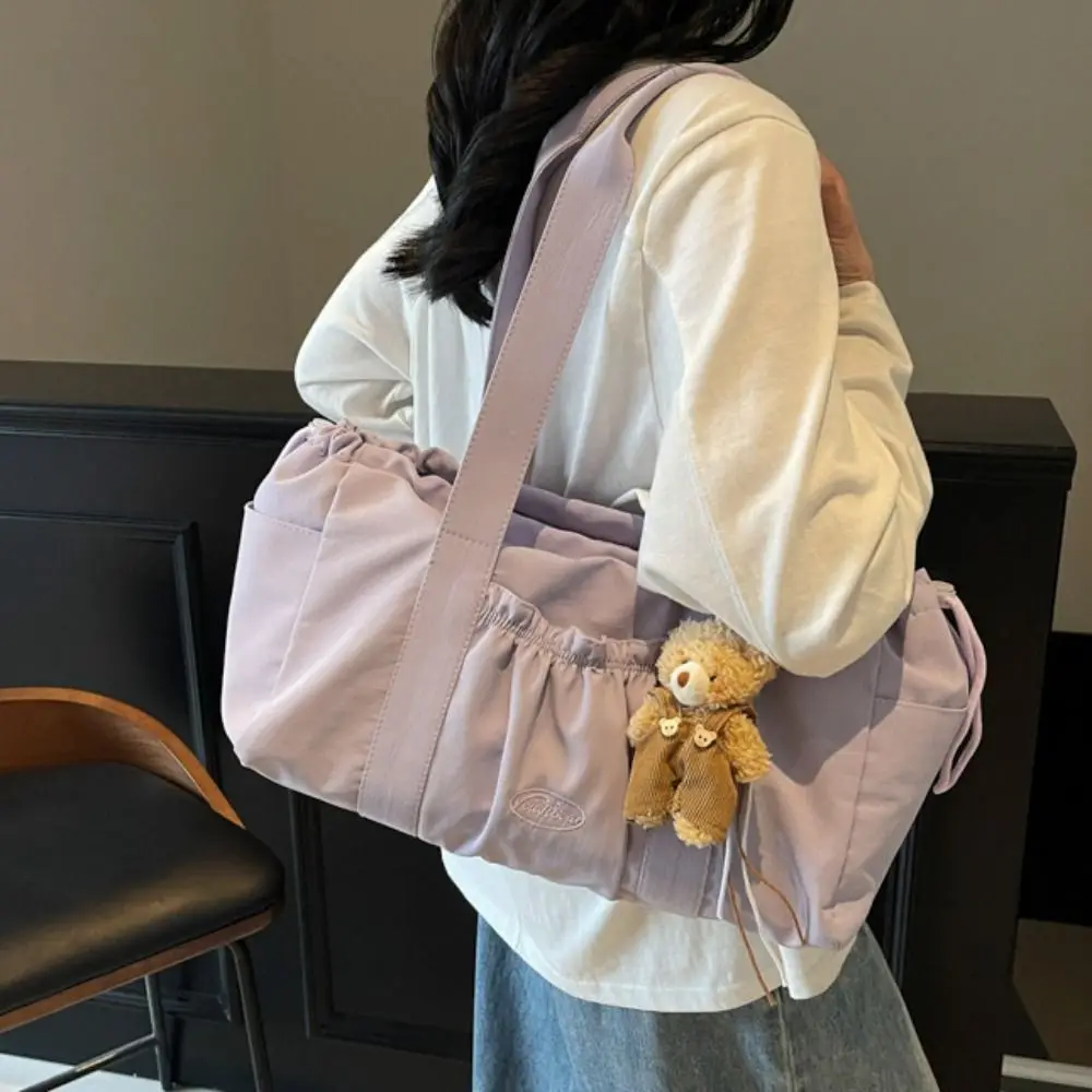 

Портативная милая большая сумка на шнурке, плиссированная нейлоновая сумка на плечо большой вместимости, минималистичная однотонная легкая сумка для путешествий