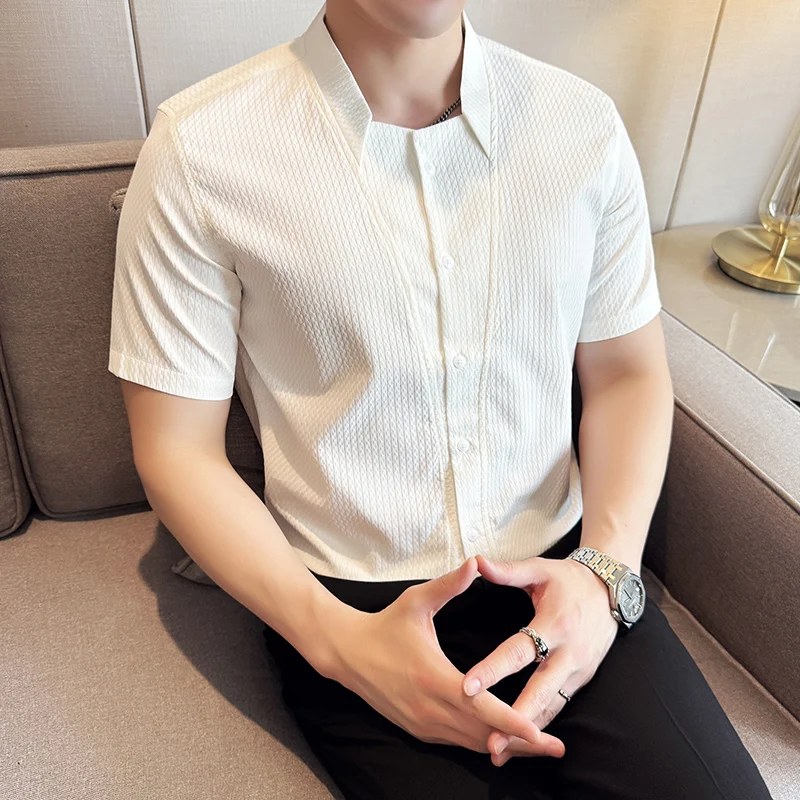 

Men's White Checkered Stand Collar Shirt - Summer Business Casual Short Sleeve, Wrinkle-free & Breath No-Iron Old Money/luxury