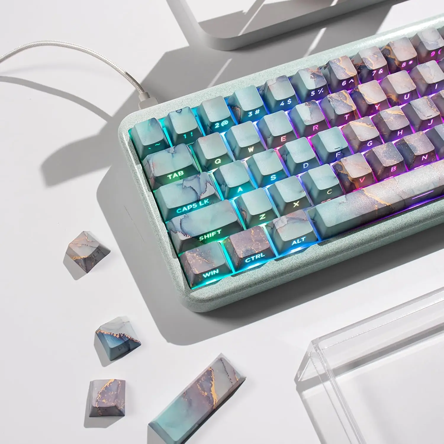 131 Keys PBT Dye Sub Cherry Profile Marble Style Shine Through Keycaps Set Fit for 61/64/87/104/108 Cherry Mx Switches