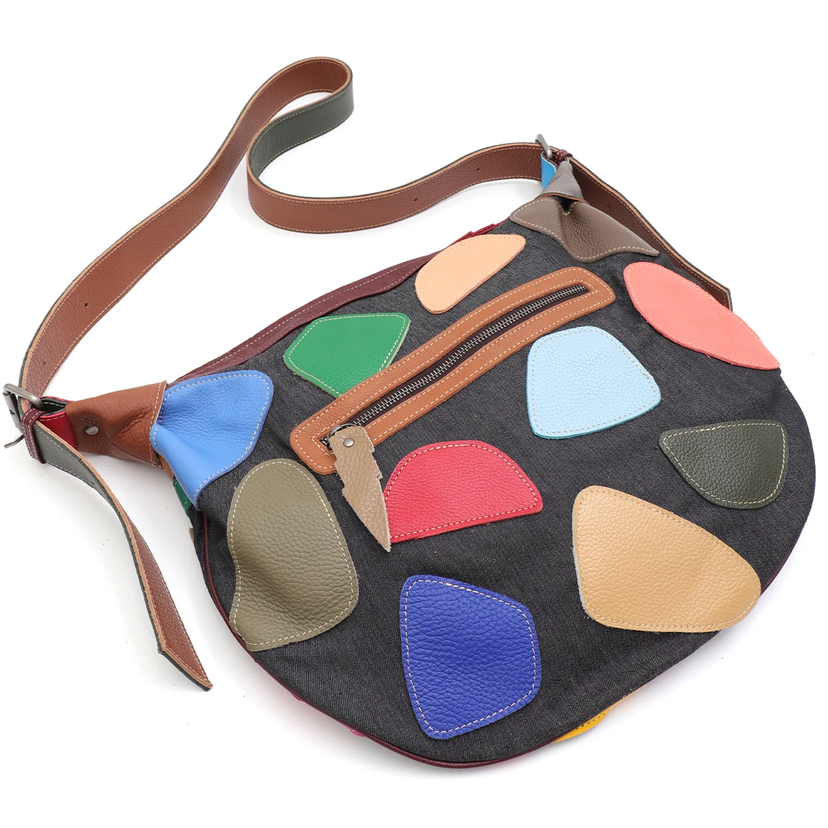 SC Casual Large Capacity Shoulder Bag Women Colorful Genuine Leather Blocks Patchwork Canvas Street Style Cross body Hobo Travel