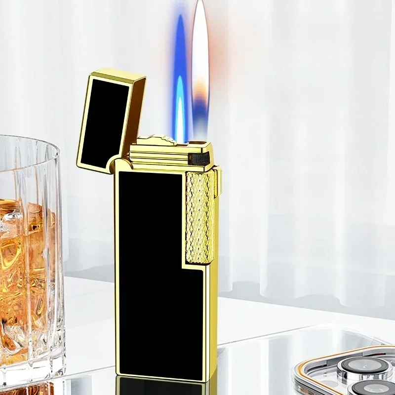Windproof Side Pulley Ignition Double Flame Inflatable Lighter Light Portable Direct Fire Lighter Business Men'S Cigarette Gifts
