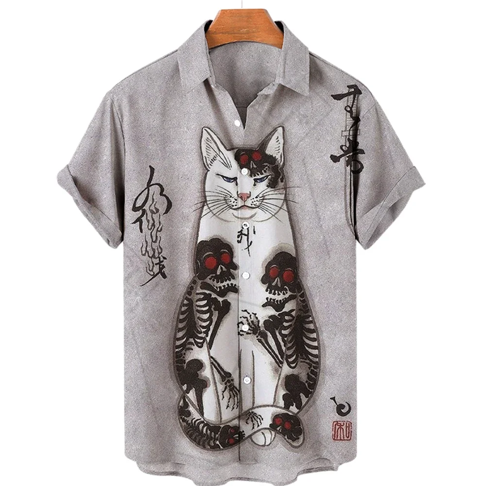 Japanese Art Samurai Cat Pattern Print Short Sleeve Shirt Men\'s Casual Comfortable Top Lapel Button-Down Shirt