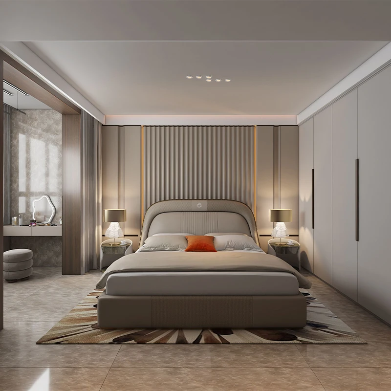 Meja samping tempat tidur bundar modern dengan finishing kayu halus