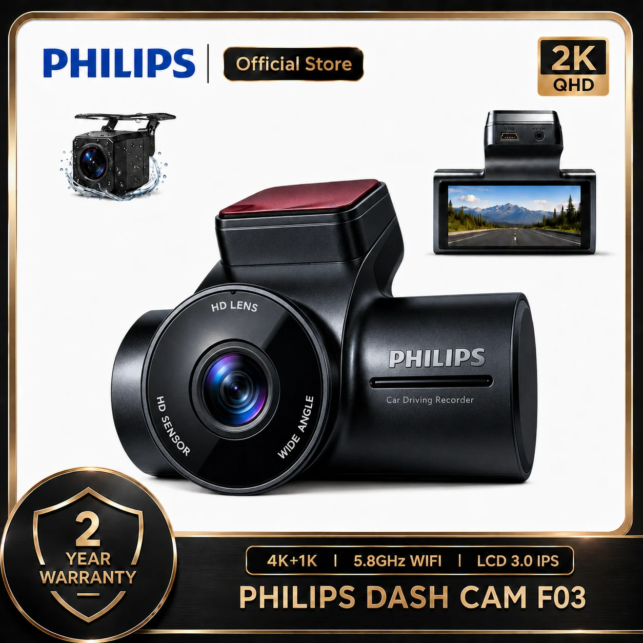 PHILIPS Dash Cam F03 2K QHD+1K Front and Rear Dual Camera 3.16 Inch IPS Screen 2.4GHz & 5GHz WiFi 24H Parking Monitor Car DVR