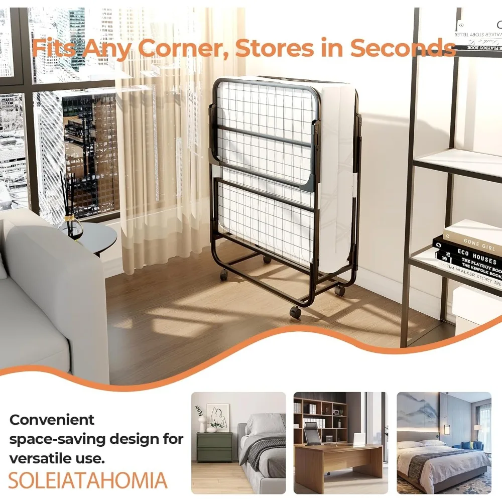 Materac z pianki memory składany - łóżko rozkładane 75x31 dla dorosłych, przenośne i oszczędzające miejsce, wytrzymała metalowa rama z kółkami, idealny