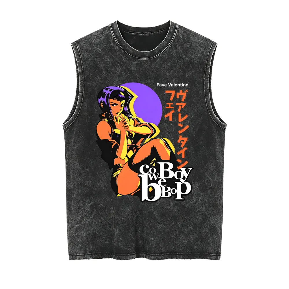 Anime Cowboy Bebop Vintage Washed Tank Tops Casual Manga Faye Valentine Print Sleeveless Vest Men Women Fashion Hip Hop T-shirt