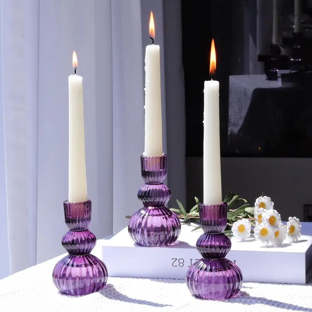 Candlestick Holders Set of 3, 4.3 H Ribbed Glass Taper Candle Holders Bulk for Halloween Decorations, Wedding Table, Vintage Can