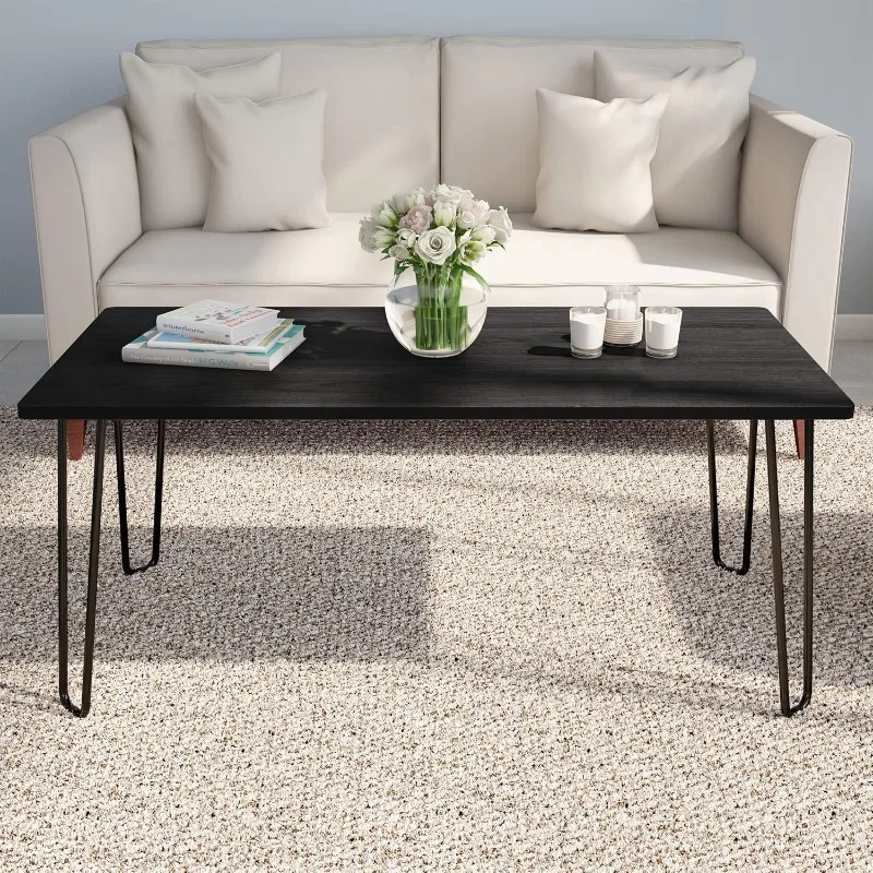 

Coffee Table with Hairpin Legs, Wood Grain Look and Steel Trim Living Room Furniture by (Black)