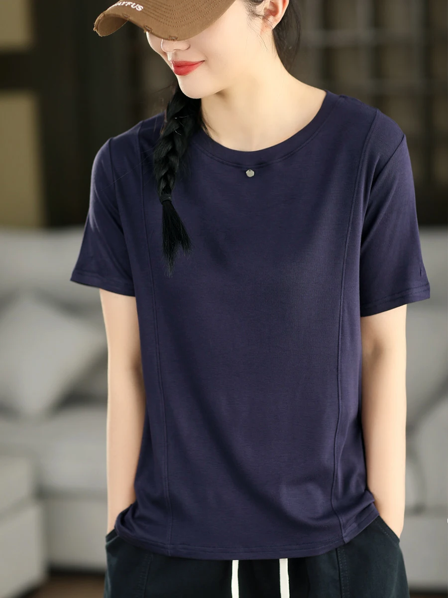 

Retro Elastic Cotton Slim Fit Short Sleeve round Neck Color Versatile Hoodie Top Ladies Summer T-Shirt Garden Beauty