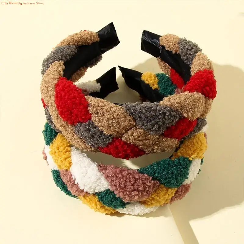 G92D Women Winter Twist Braided Faux Fleece Headband Ethnic Vintage Contrast Colored Wide Hair Hoop Wash Face Makeup Outdoor