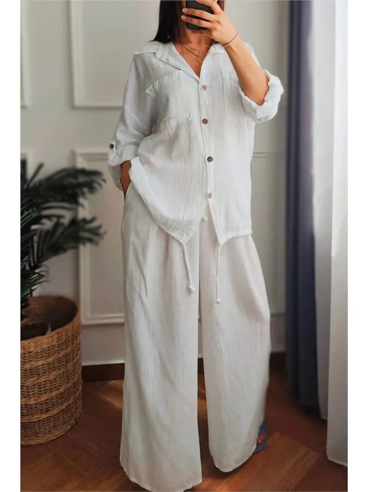 Autumn Fashion Cotton Hemp Two Piece Sets Women Lapel Neck Long Sleeve Drawstring Shirt Wide Leg Long Pants Casual Two Piece Set