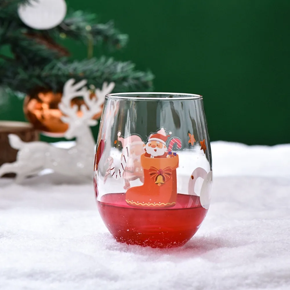 

Hand Painted Christmas Theme Glass Goblet Santa Claus Snowman Pattern Transparent Red Wine Glass Cartoon Crystal Cups
