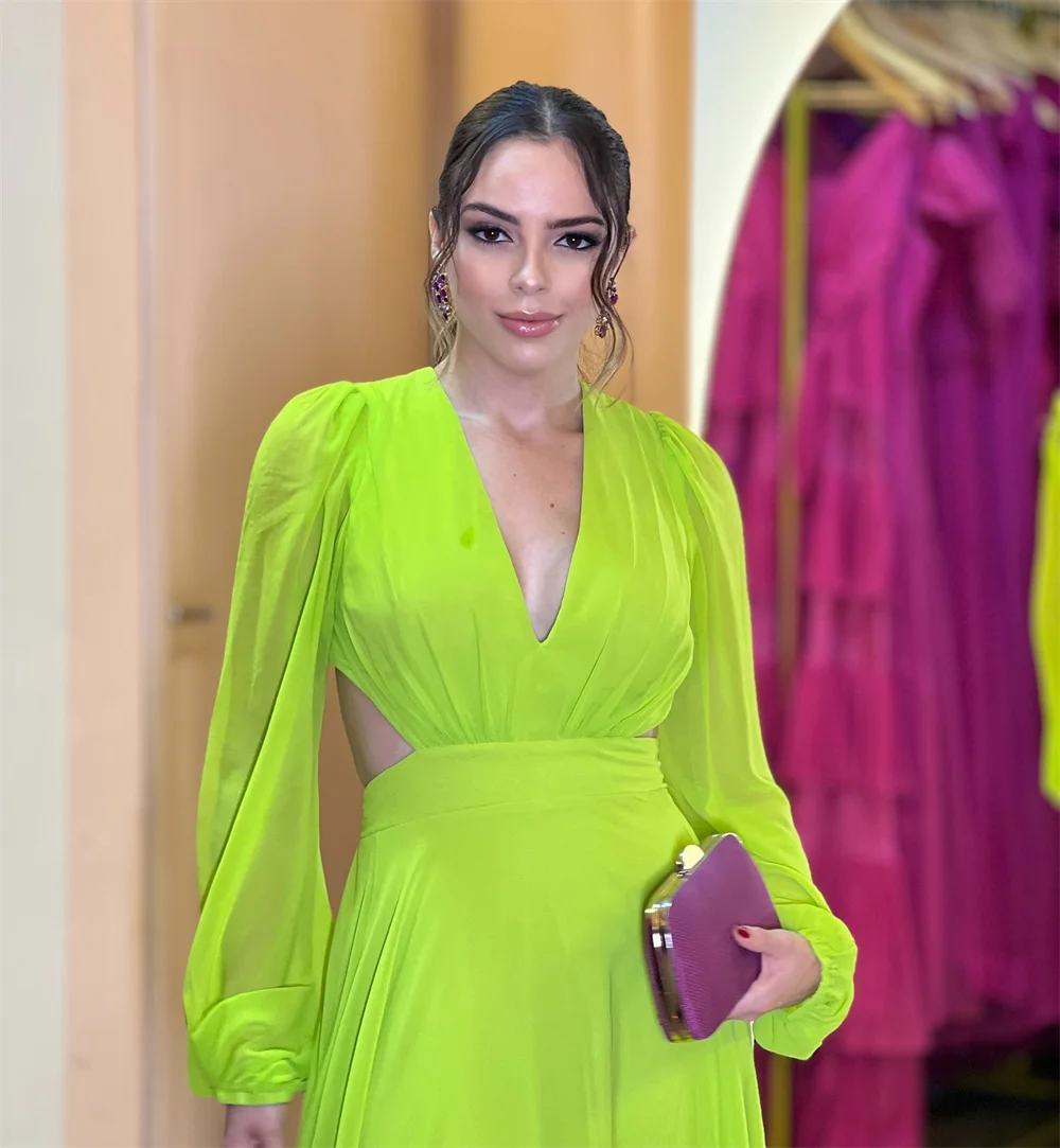 كوبي على شكل حرف v بدون ظهر فساتين لحضور الحفلات الموسيقية 2025 شيفون كم طويل طيات فساتين سهرة أنيقة سويب تراين فساتين حفلات مخصصة