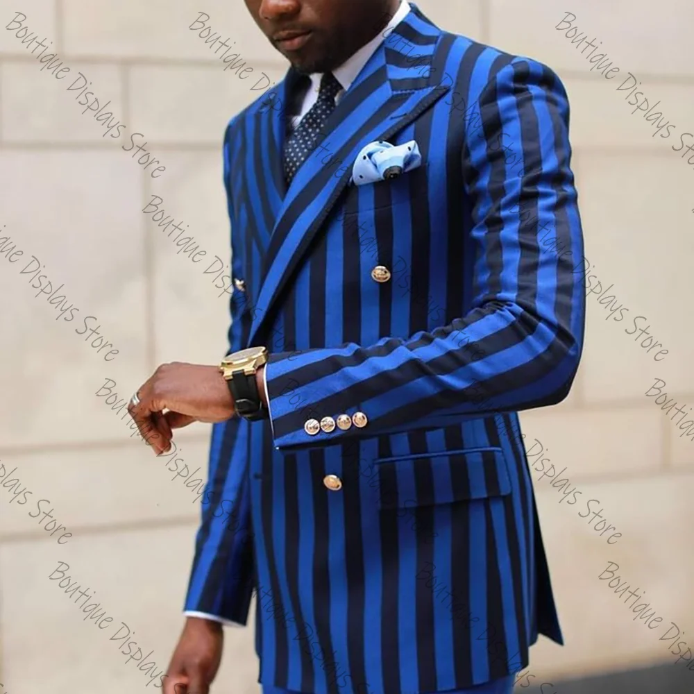 Blue and Black Stripes Double Breasted Men Suit Two Pieces(Jacket+Pants) Outfits Casual Party Prom Wedding Set