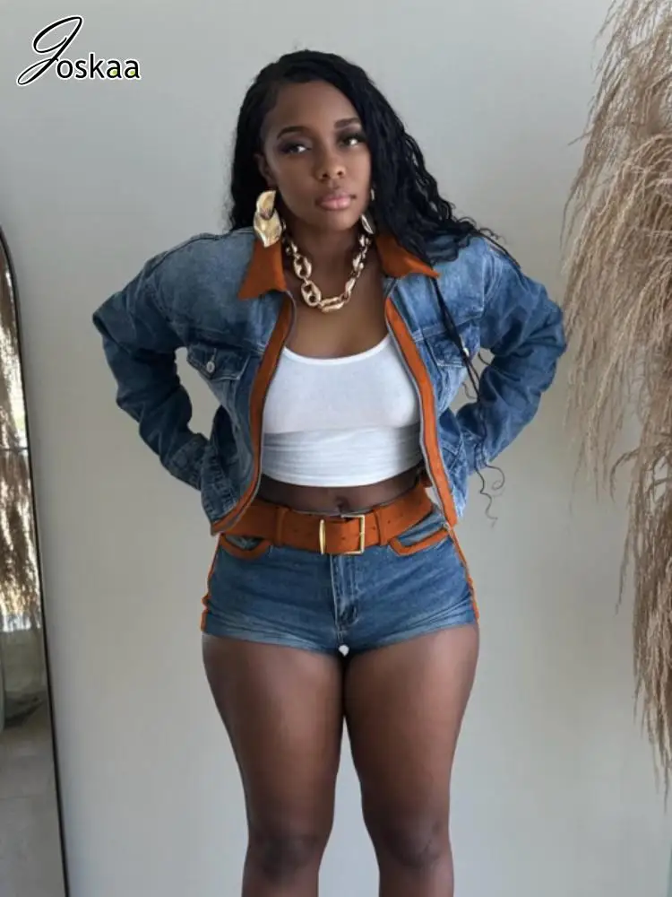 

Joskaa 2025 Fall Women's Stretch Denim 2 Piece Set Sexy Color Block Lapel Long Sleeve Jacket and Shorts Matching Y2K Streetwear